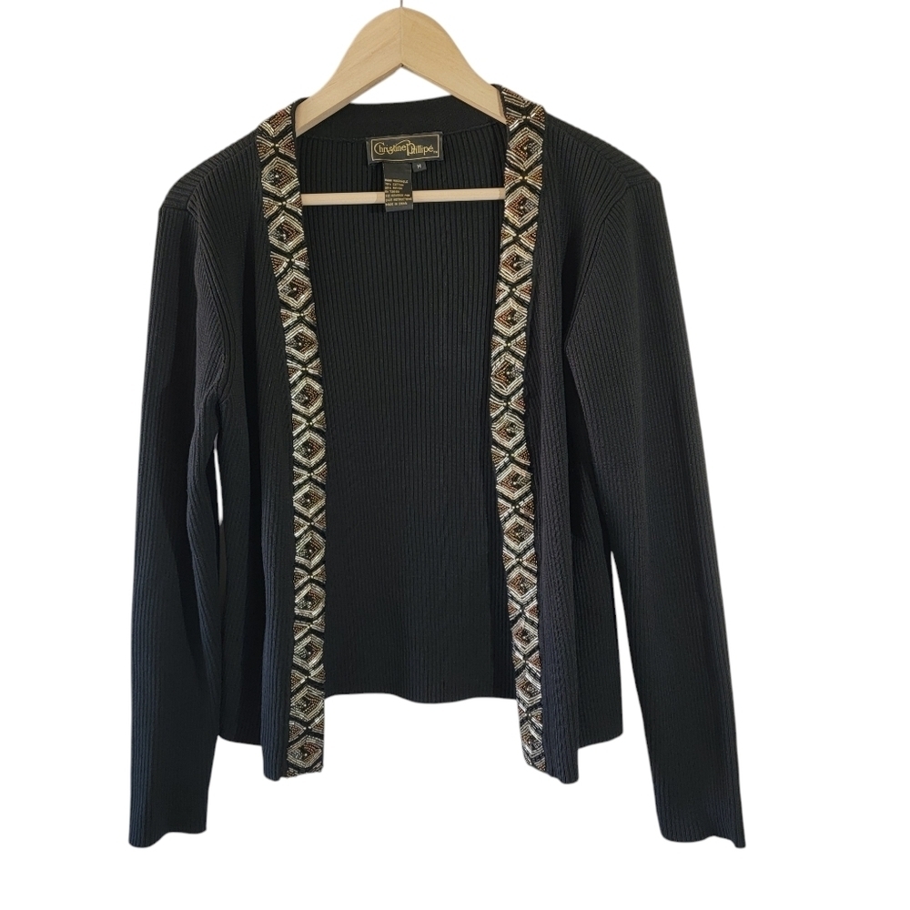 VTG 90's Christine Phillipe Black Embellished Open Front Cardigan Sz M Evening